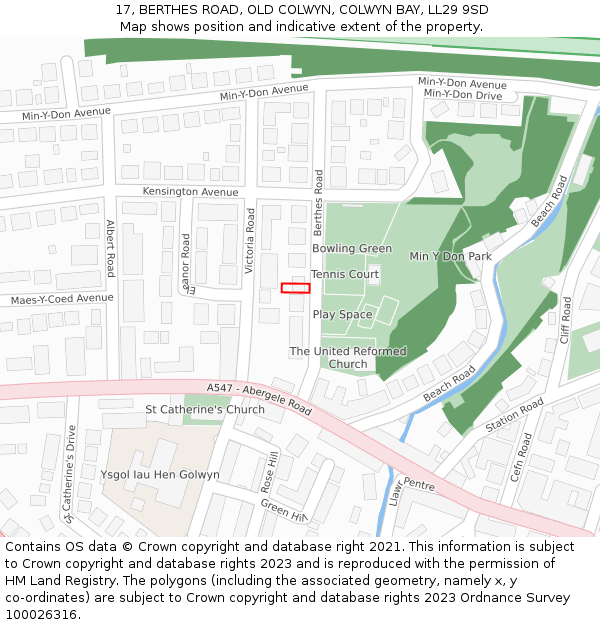 17, BERTHES ROAD, OLD COLWYN, COLWYN BAY, LL29 9SD: Location map and indicative extent of plot