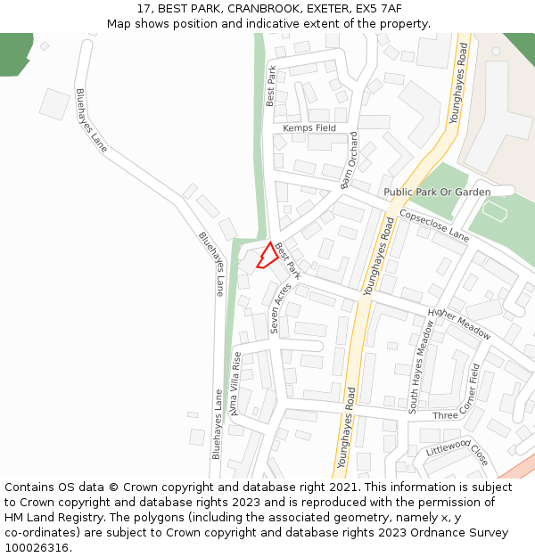 17, BEST PARK, CRANBROOK, EXETER, EX5 7AF: Location map and indicative extent of plot