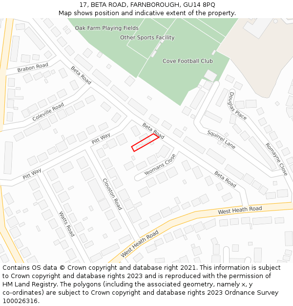 17, BETA ROAD, FARNBOROUGH, GU14 8PQ: Location map and indicative extent of plot