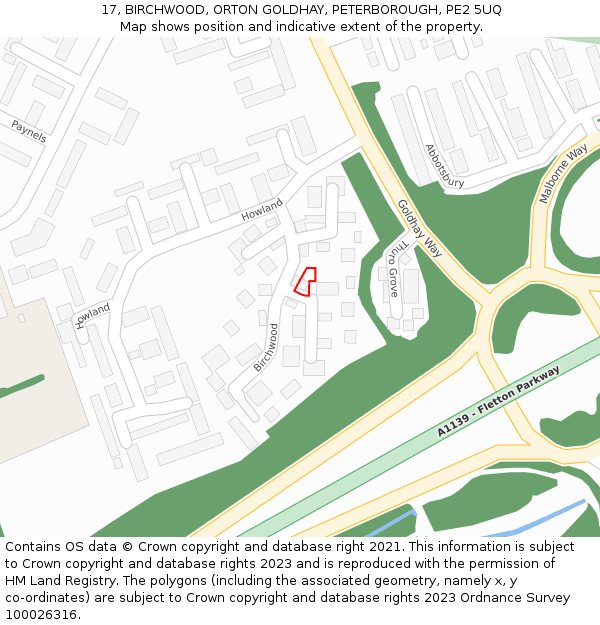 17, BIRCHWOOD, ORTON GOLDHAY, PETERBOROUGH, PE2 5UQ: Location map and indicative extent of plot