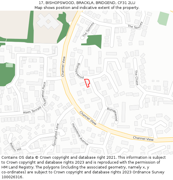 17, BISHOPSWOOD, BRACKLA, BRIDGEND, CF31 2LU: Location map and indicative extent of plot