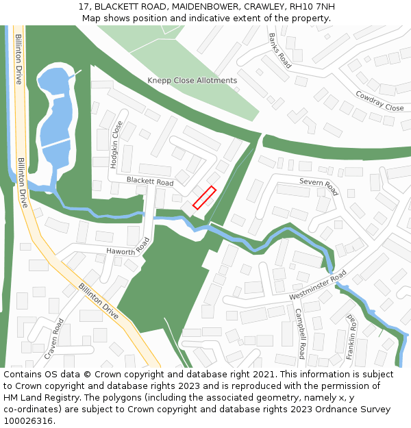 17, BLACKETT ROAD, MAIDENBOWER, CRAWLEY, RH10 7NH: Location map and indicative extent of plot
