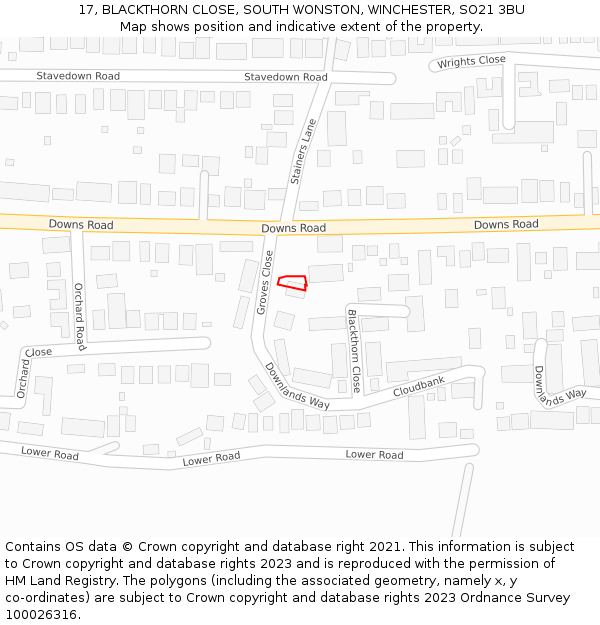 17, BLACKTHORN CLOSE, SOUTH WONSTON, WINCHESTER, SO21 3BU: Location map and indicative extent of plot