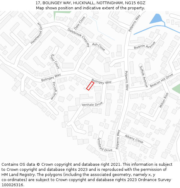 17, BOLINGEY WAY, HUCKNALL, NOTTINGHAM, NG15 6GZ: Location map and indicative extent of plot