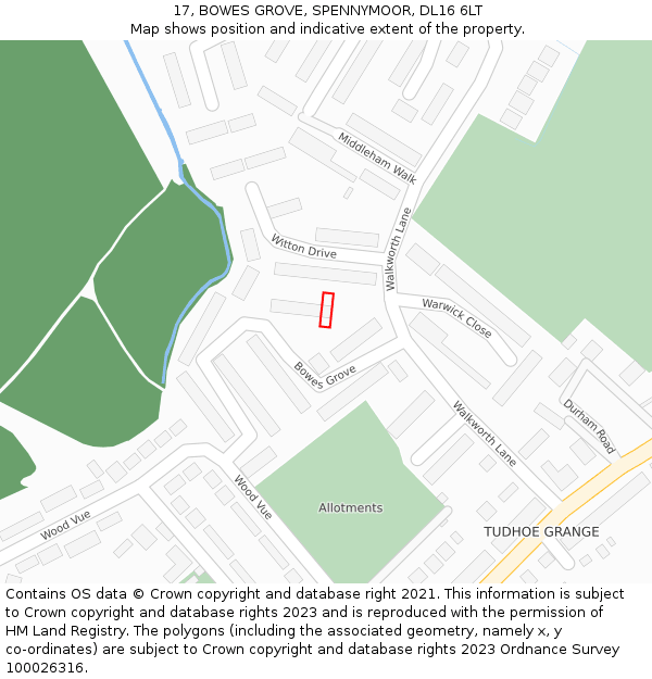 17, BOWES GROVE, SPENNYMOOR, DL16 6LT: Location map and indicative extent of plot