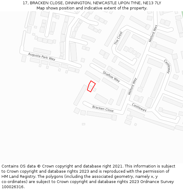 17, BRACKEN CLOSE, DINNINGTON, NEWCASTLE UPON TYNE, NE13 7LY: Location map and indicative extent of plot