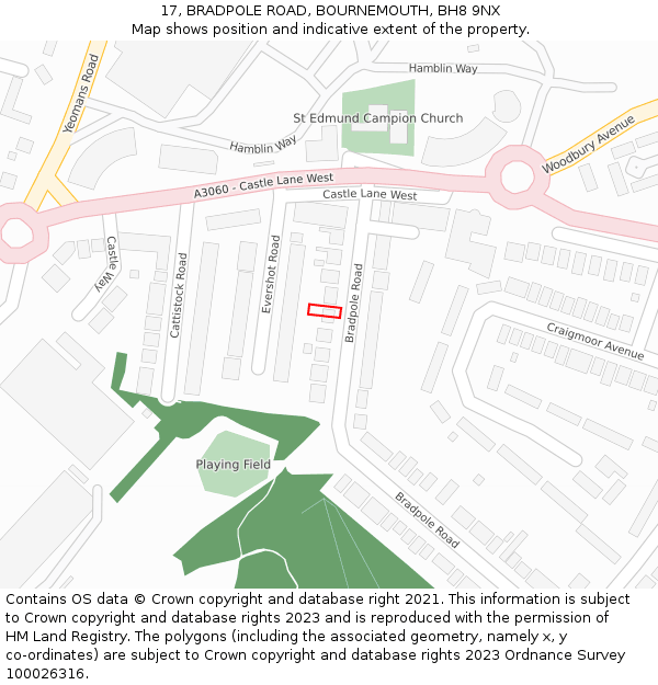17, BRADPOLE ROAD, BOURNEMOUTH, BH8 9NX: Location map and indicative extent of plot