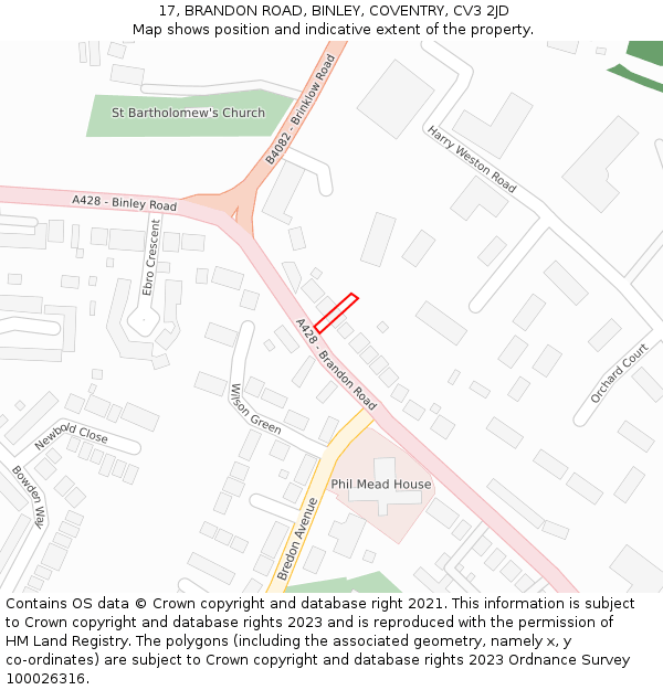 17, BRANDON ROAD, BINLEY, COVENTRY, CV3 2JD: Location map and indicative extent of plot