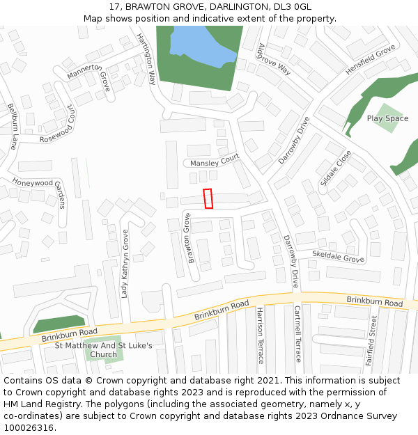 17, BRAWTON GROVE, DARLINGTON, DL3 0GL: Location map and indicative extent of plot