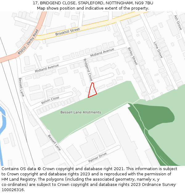 17, BRIDGEND CLOSE, STAPLEFORD, NOTTINGHAM, NG9 7BU: Location map and indicative extent of plot