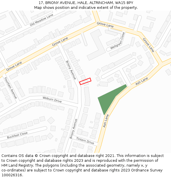 17, BRIONY AVENUE, HALE, ALTRINCHAM, WA15 8PY: Location map and indicative extent of plot