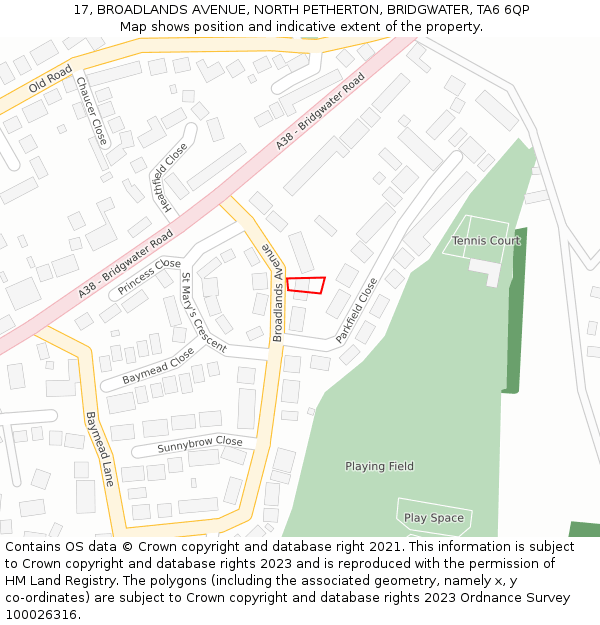 17, BROADLANDS AVENUE, NORTH PETHERTON, BRIDGWATER, TA6 6QP: Location map and indicative extent of plot