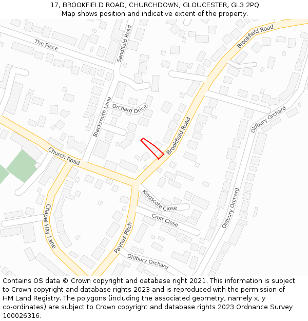 17, BROOKFIELD ROAD, CHURCHDOWN, GLOUCESTER, GL3 2PQ: Location map and indicative extent of plot