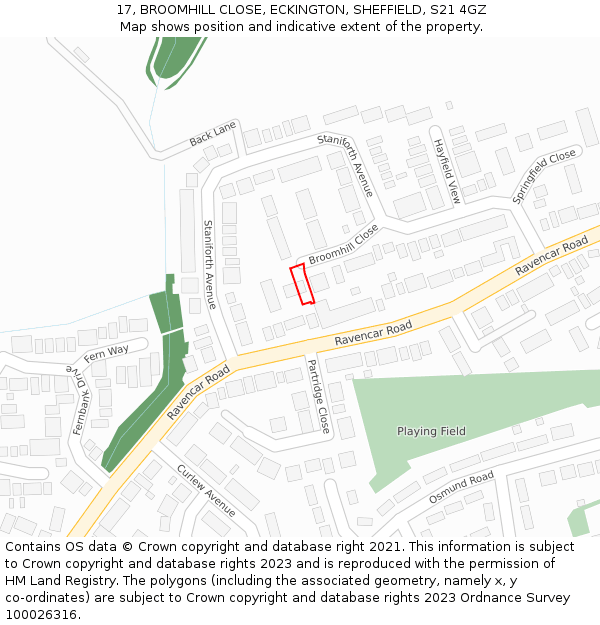 17, BROOMHILL CLOSE, ECKINGTON, SHEFFIELD, S21 4GZ: Location map and indicative extent of plot