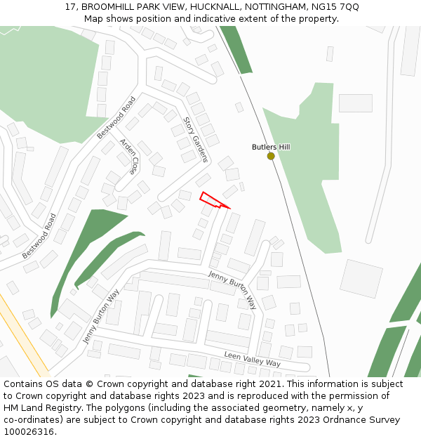 17, BROOMHILL PARK VIEW, HUCKNALL, NOTTINGHAM, NG15 7QQ: Location map and indicative extent of plot
