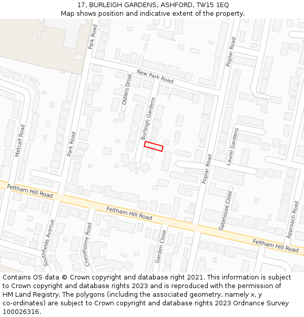 17, BURLEIGH GARDENS, ASHFORD, TW15 1EQ: Location map and indicative extent of plot