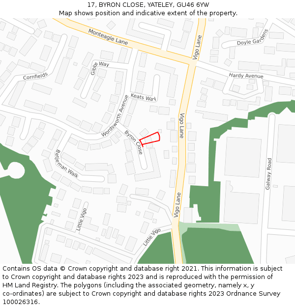 17, BYRON CLOSE, YATELEY, GU46 6YW: Location map and indicative extent of plot