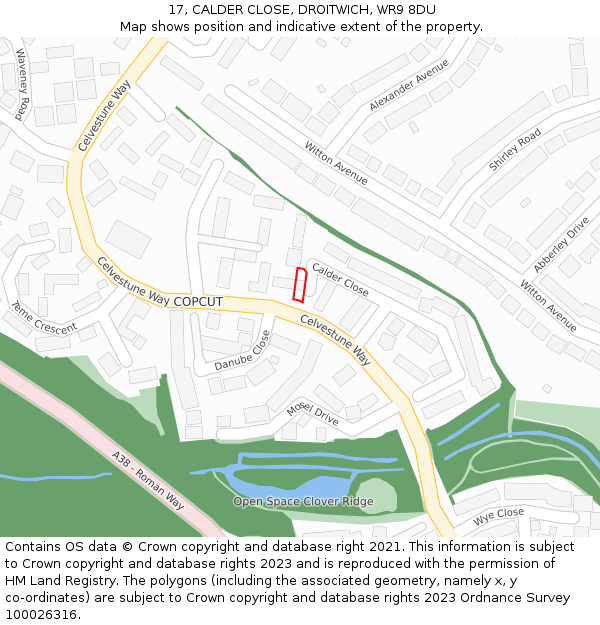 17, CALDER CLOSE, DROITWICH, WR9 8DU: Location map and indicative extent of plot