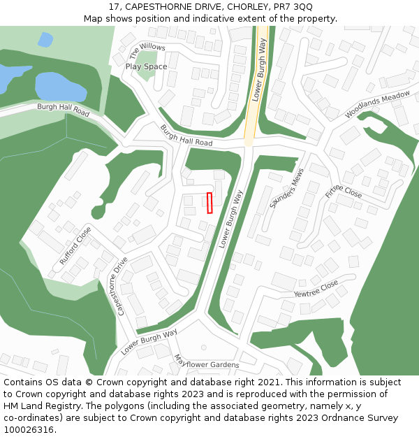 17, CAPESTHORNE DRIVE, CHORLEY, PR7 3QQ: Location map and indicative extent of plot