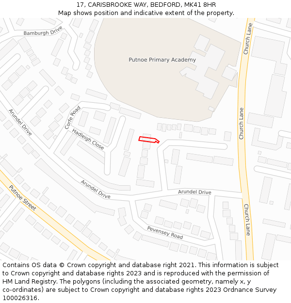 17, CARISBROOKE WAY, BEDFORD, MK41 8HR: Location map and indicative extent of plot