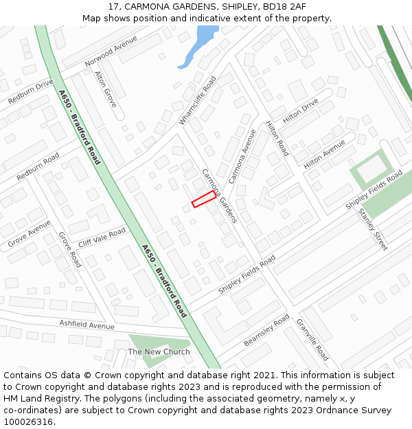 17, CARMONA GARDENS, SHIPLEY, BD18 2AF: Location map and indicative extent of plot