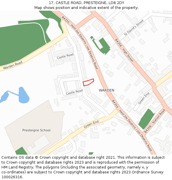 17, CASTLE ROAD, PRESTEIGNE, LD8 2DY: Location map and indicative extent of plot