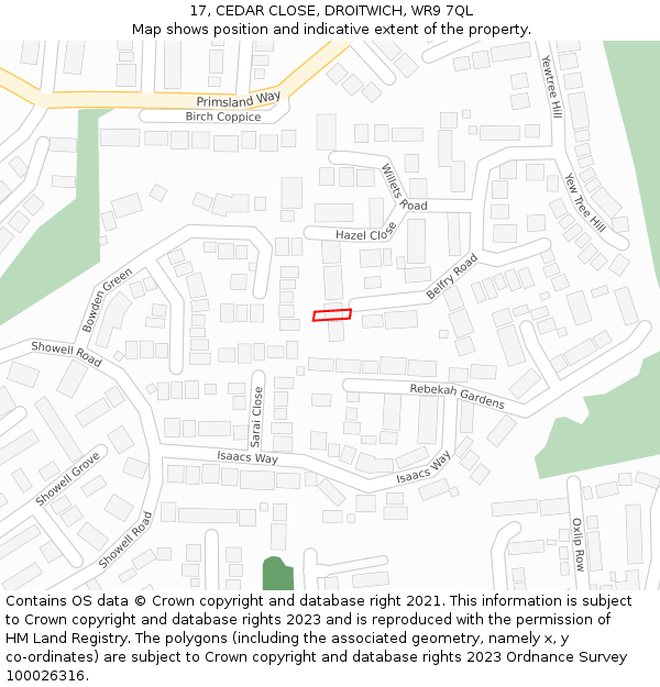 17, CEDAR CLOSE, DROITWICH, WR9 7QL: Location map and indicative extent of plot