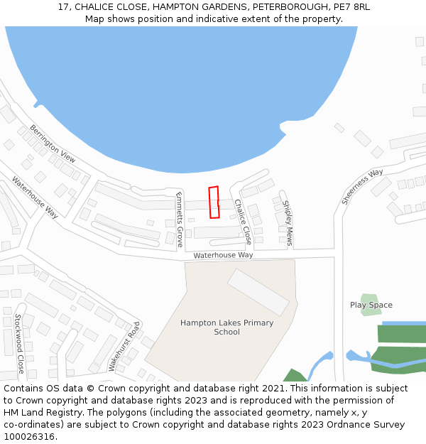 17, CHALICE CLOSE, HAMPTON GARDENS, PETERBOROUGH, PE7 8RL: Location map and indicative extent of plot