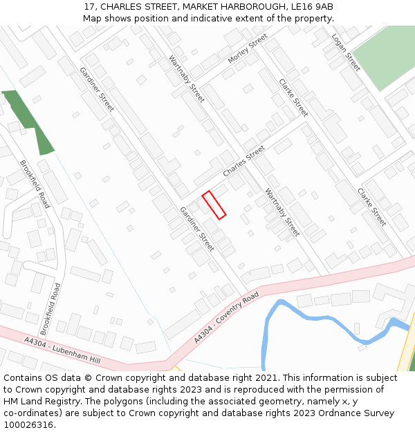 17, CHARLES STREET, MARKET HARBOROUGH, LE16 9AB: Location map and indicative extent of plot