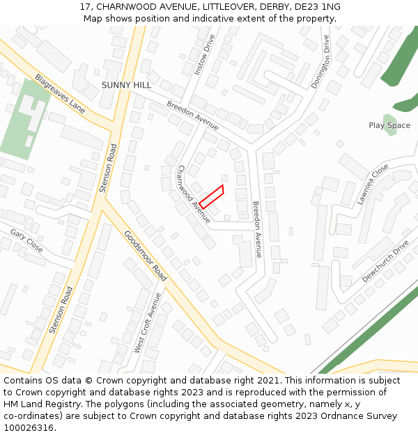 17, CHARNWOOD AVENUE, LITTLEOVER, DERBY, DE23 1NG: Location map and indicative extent of plot