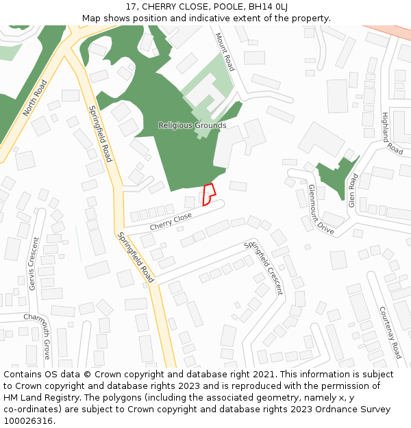 17, CHERRY CLOSE, POOLE, BH14 0LJ: Location map and indicative extent of plot