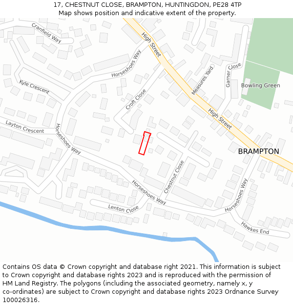 17, CHESTNUT CLOSE, BRAMPTON, HUNTINGDON, PE28 4TP: Location map and indicative extent of plot