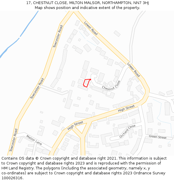 17, CHESTNUT CLOSE, MILTON MALSOR, NORTHAMPTON, NN7 3HJ: Location map and indicative extent of plot