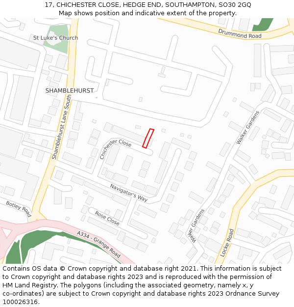 17, CHICHESTER CLOSE, HEDGE END, SOUTHAMPTON, SO30 2GQ: Location map and indicative extent of plot