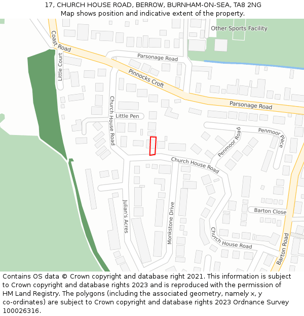 17, CHURCH HOUSE ROAD, BERROW, BURNHAM-ON-SEA, TA8 2NG: Location map and indicative extent of plot
