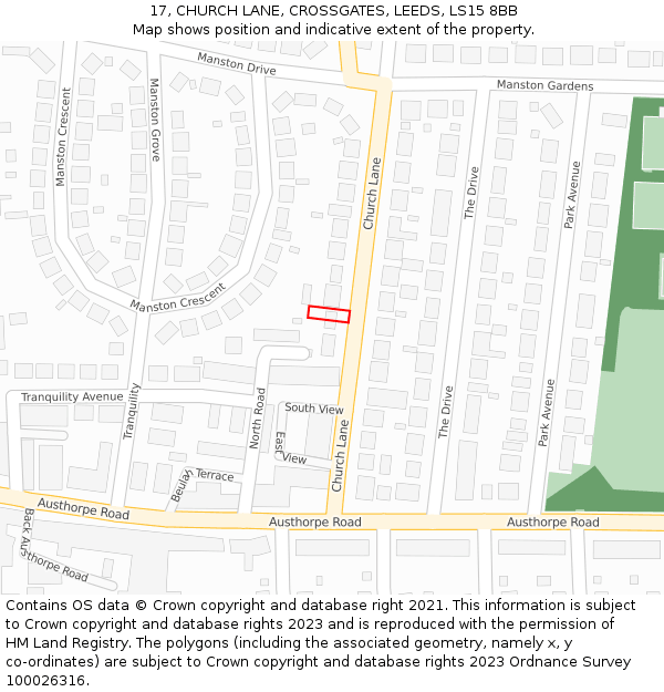 17, CHURCH LANE, CROSSGATES, LEEDS, LS15 8BB: Location map and indicative extent of plot