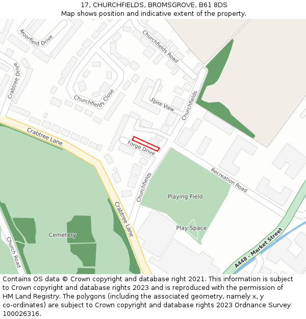 17, CHURCHFIELDS, BROMSGROVE, B61 8DS: Location map and indicative extent of plot