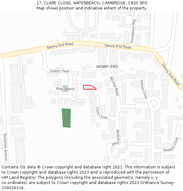 17, CLARE CLOSE, WATERBEACH, CAMBRIDGE, CB25 9PS: Location map and indicative extent of plot