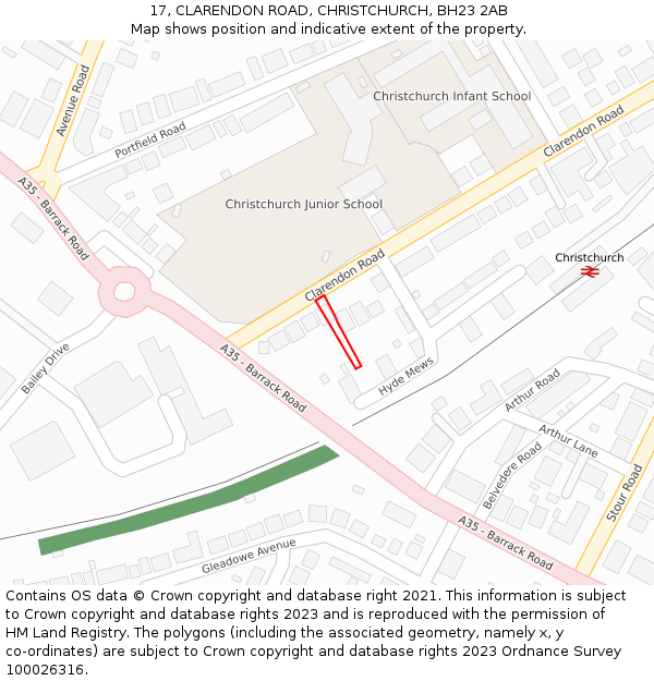 17, CLARENDON ROAD, CHRISTCHURCH, BH23 2AB: Location map and indicative extent of plot