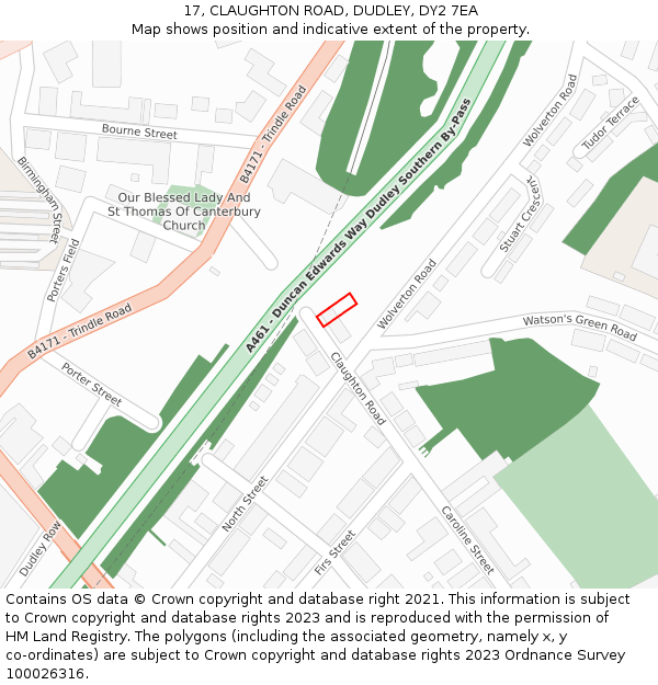 17, CLAUGHTON ROAD, DUDLEY, DY2 7EA: Location map and indicative extent of plot