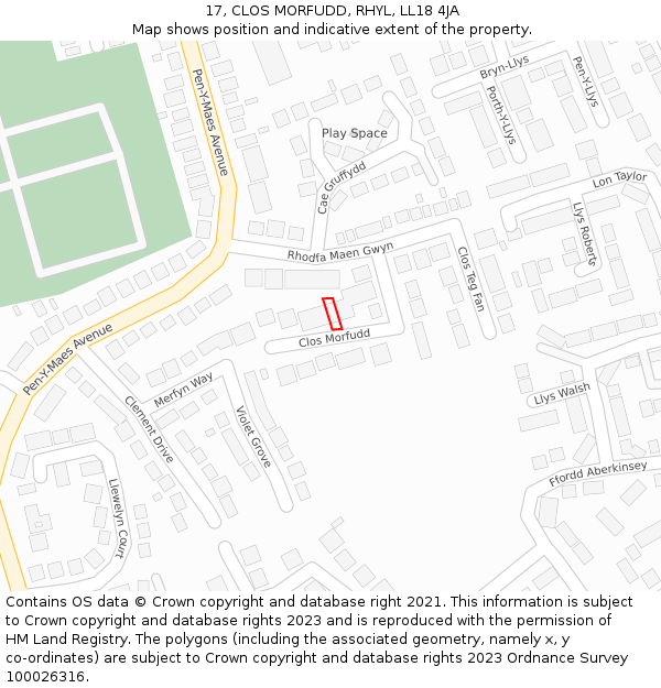 17, CLOS MORFUDD, RHYL, LL18 4JA: Location map and indicative extent of plot