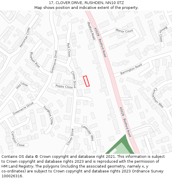 17, CLOVER DRIVE, RUSHDEN, NN10 0TZ: Location map and indicative extent of plot