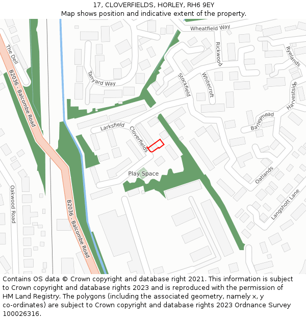 17, CLOVERFIELDS, HORLEY, RH6 9EY: Location map and indicative extent of plot