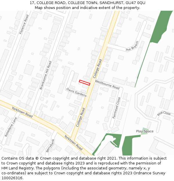 17, COLLEGE ROAD, COLLEGE TOWN, SANDHURST, GU47 0QU: Location map and indicative extent of plot