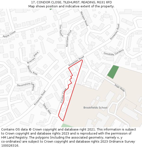 17, CONDOR CLOSE, TILEHURST, READING, RG31 6FD: Location map and indicative extent of plot
