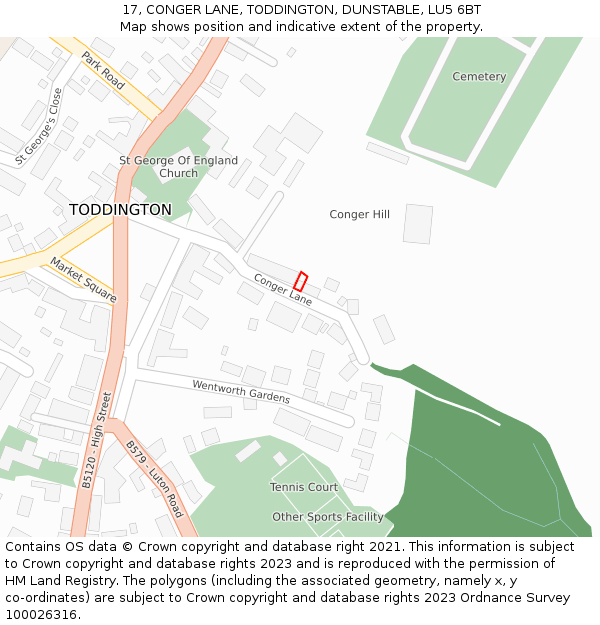 17, CONGER LANE, TODDINGTON, DUNSTABLE, LU5 6BT: Location map and indicative extent of plot
