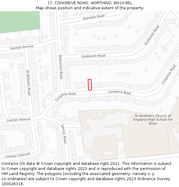 17, CONGREVE ROAD, WORTHING, BN14 8EL: Location map and indicative extent of plot