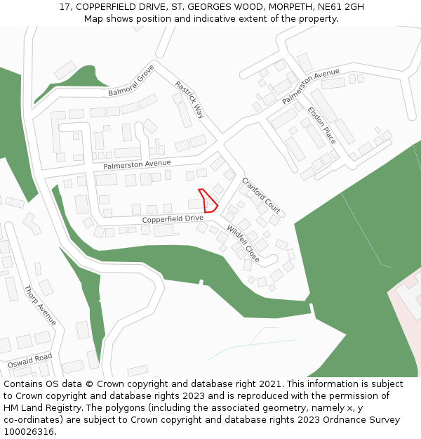 17, COPPERFIELD DRIVE, ST. GEORGES WOOD, MORPETH, NE61 2GH: Location map and indicative extent of plot