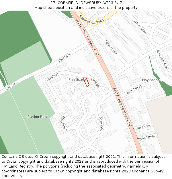 17, CORNFIELD, DEWSBURY, WF13 3UZ: Location map and indicative extent of plot