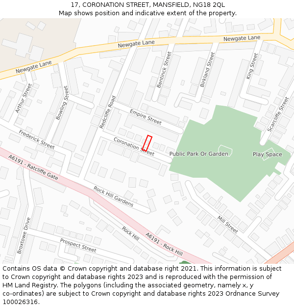 17, CORONATION STREET, MANSFIELD, NG18 2QL: Location map and indicative extent of plot